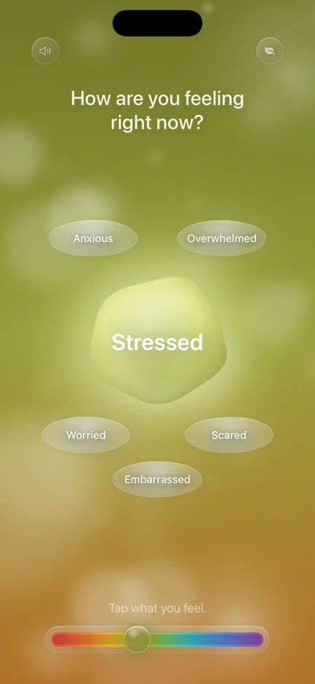 Spiritual Me feeling check-in screen asking “How are you feeling right now?”, a gentle mood check-in before guided breathing