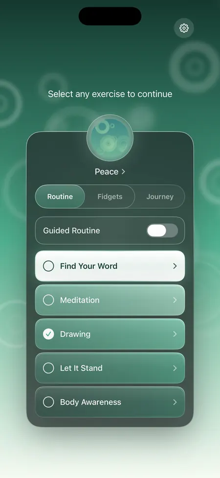 Spiritual Me Choose Exercises screen on the Peace theme, with Guided Routine on and a list of exercises including Find Your Word, Meditation, Drawing, Let It Stand, and Body Awareness.