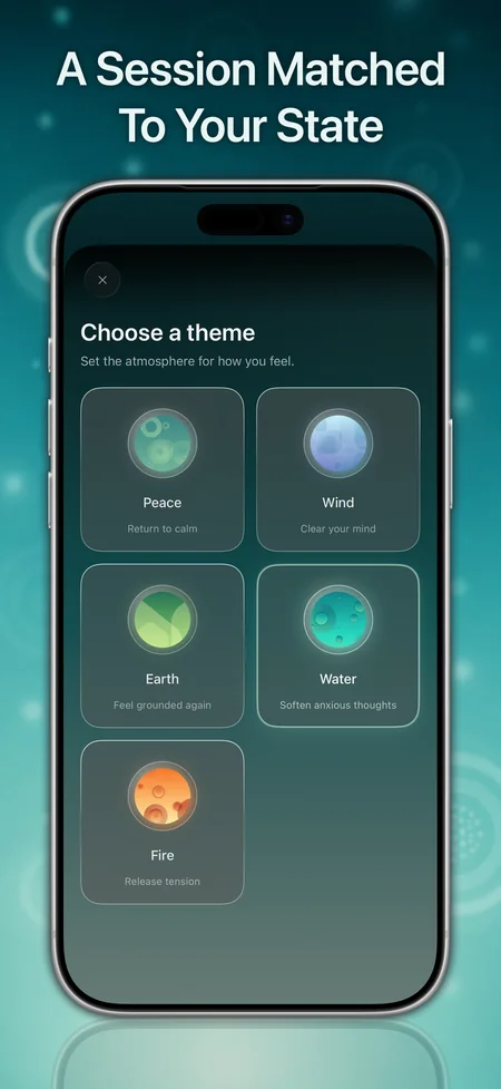 Spiritual Me store graphic reading A Session Matched To Your State, showing the Choose a theme screen with Peace, Wind, Earth, Water, and Fire.